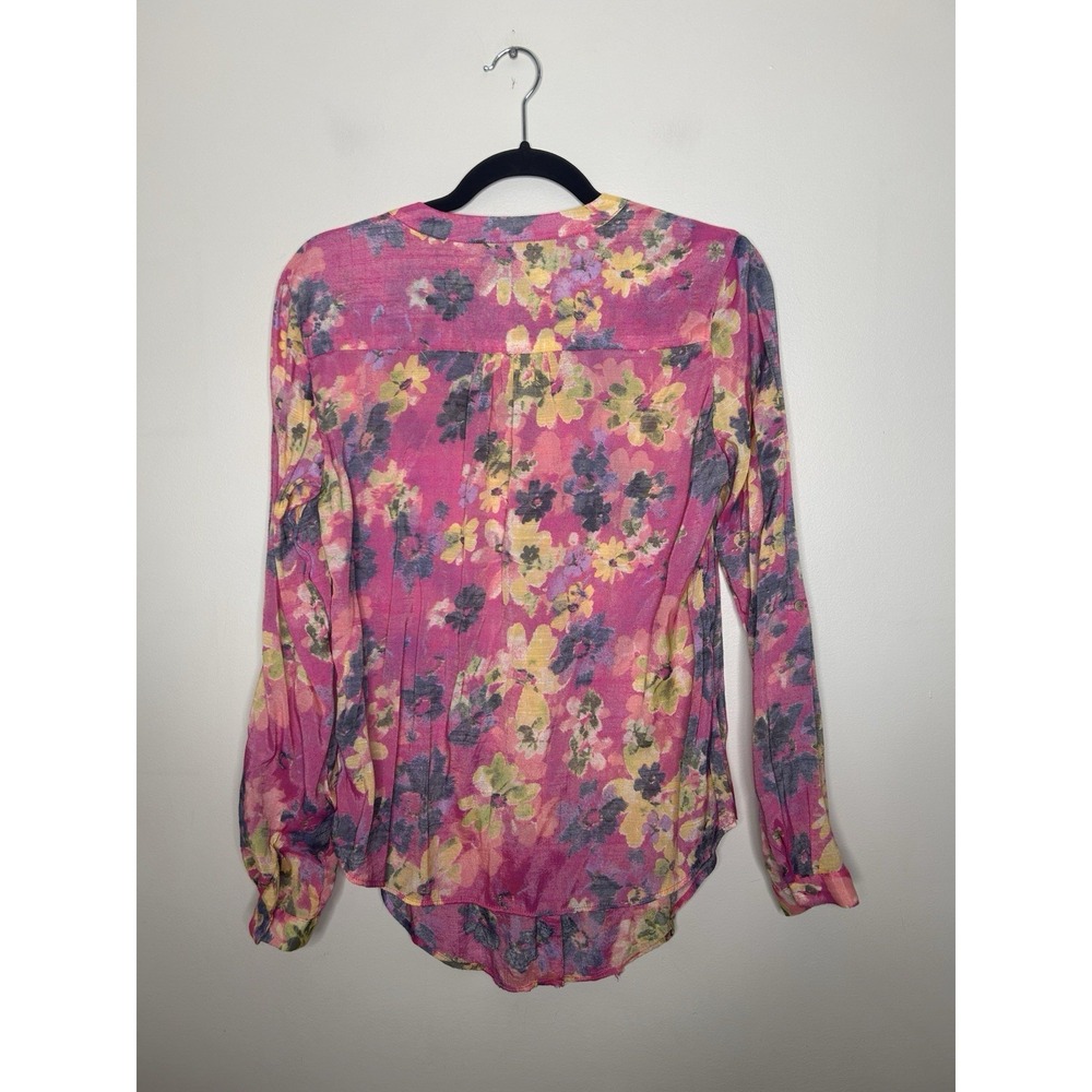 Zac & Rachel Womens Pink Floral Roll Tab Sleeve Button Up Blouse Gauze Top Small - Picture 8 of 8